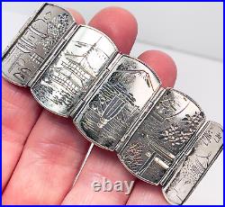 Chinese Buddha Story Telling Hinged Bracelet Sterling Silver Hand Etched 7