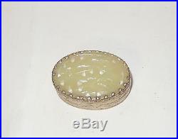 Chinese Carved White Jade Silver Plated Metal Trinket Pill Snuff Jar Box