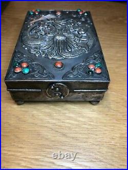 Chinese China Antique Old Tibet Nepal Silver Coral Turquoise Trinket Box