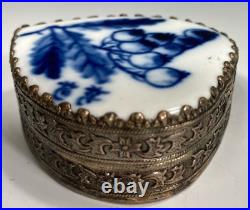 Chinese China Porcelain Blue & White Pomegranates Silver color Metal Tooled Box
