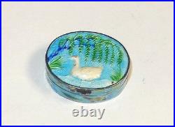 Chinese Dove Design Sterling Silver Cloisonne Enamel Pill Snuff Jar Box
