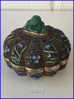 Chinese Early 20th C Silver Enameled Box With Jade Buddha Gold Wash