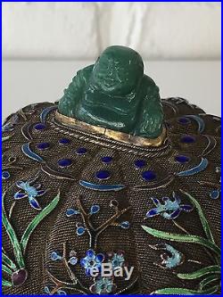 Chinese Early 20th C Silver Enameled Box With Jade Buddha Gold Wash