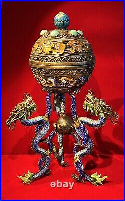 Chinese Enameled Gilt Filigree Silver Three Dragons Trinket Box