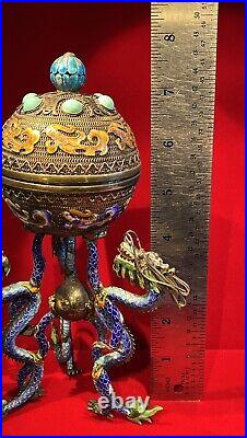 Chinese Enameled Gilt Filigree Silver Three Dragons Trinket Box