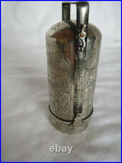 Chinese Engraved Silver Plate Opium box and lamp Signed Hallmarked 3 high