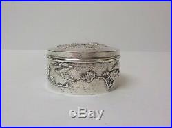 Chinese Export 900 Silver Round Embossed Box, marked Sing Fat, c. 1900