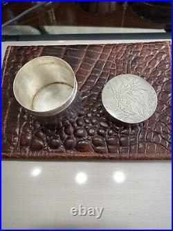 Chinese Export Antique Sterling Silver Round Lidded Bamboo Design Seal Box Jar