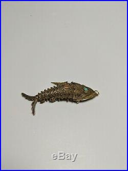 Chinese Export Articulated Fish Turquoise Vermeil 800 Silver Spice Box Pendant
