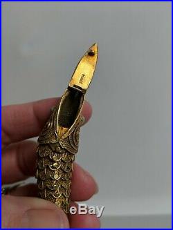Chinese Export Articulated Fish Turquoise Vermeil 800 Silver Spice Box Pendant