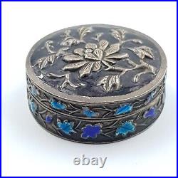 Chinese Export Enamel Trinket Pill Box Early 20th Cent Flowers On White Metal