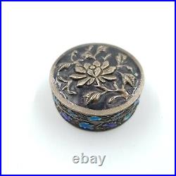 Chinese Export Enamel Trinket Pill Box Early 20th Cent Flowers On White Metal