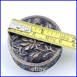 Chinese Export Enamel Trinket Pill Box Early 20th Cent Flowers On White Metal