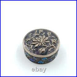 Chinese Export Enamel Trinket Pill Box Early 20th Cent Flowers On White Metal