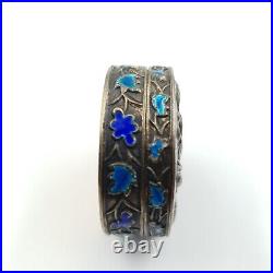 Chinese Export Enamel Trinket Pill Box Early 20th Cent Flowers On White Metal