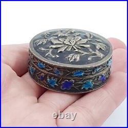 Chinese Export Enamel Trinket Pill Box Early 20th Cent Flowers On White Metal