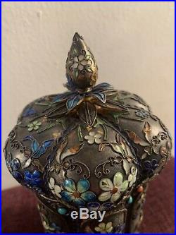 Chinese Export Filigree Silver Tea Caddy Box Gilt Enamel Turquoise Flower Heavy
