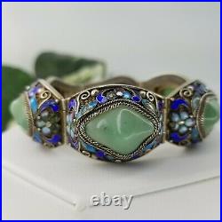 Chinese Export Jade Art Deco Enamel Filigree Sterling Silver Bracelet VC6264-2