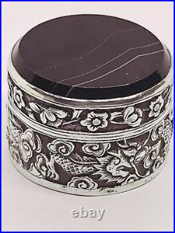 Chinese Export Silver & Agate Topped Dragon Pill Box, Signed, 41.9g