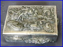 Chinese Export Silver Box Argent Massif Chine Grand Coffret Decor Dragon