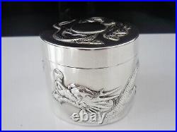 Chinese Export Silver Circular Box, Dragon Decoration, Antique c. 1900, ZHUO