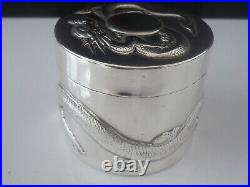 Chinese Export Silver Circular Box, Dragon Decoration, Antique c. 1900, ZHUO