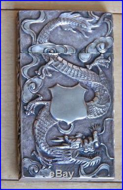 Chinese Export Silver Dragon Decorated Card Case by Wang Hing