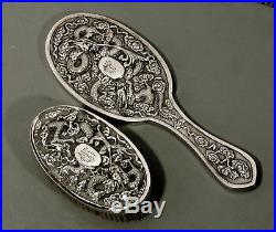 Chinese Export Silver Mirror & Brush (2) c1890 DRAGONS & SACRED PEARL