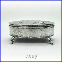 Chinese Export Silver Oval Box Bamboo Designs Hammered Finish