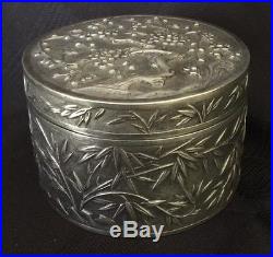 Chinese Export Silver Prunus & Bamboo Repousse Decorated Round Box by Wang Hing