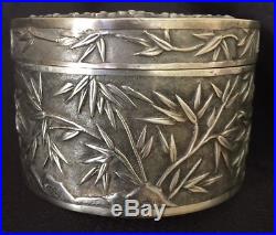 Chinese Export Silver Prunus & Bamboo Repousse Decorated Round Box by Wang Hing