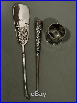 Chinese Export Silver Set c1890 2 BUTTON HOOKS & NAPKIN SIGNED