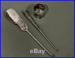 Chinese Export Silver Set c1890 2 BUTTON HOOKS & NAPKIN SIGNED