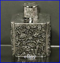 Chinese Export Silver Tea Box c1875 SIGNED MK 90 FIGURES IN GARDEN