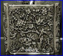 Chinese Export Silver Tea Box c1875 SIGNED MK 90 FIGURES IN GARDEN