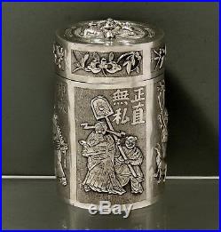 Chinese Export Silver Tea Caddy SIGNED WARRIOR, CALIGRAPHY & SCHOLARS