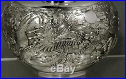 Chinese Export Silver Tea Caddy c1875 SIGNED DRAGONS IN FLAMES
