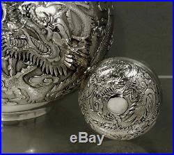 Chinese Export Silver Tea Caddy c1875 SIGNED DRAGONS IN FLAMES