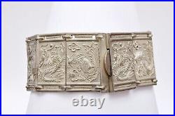 Chinese Export Solid Silver Dragons Phoenix Panel Link Bracelet Bangle Box Mk