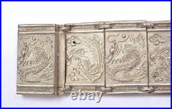 Chinese Export Solid Silver Dragons Phoenix Panel Link Bracelet Bangle Box Mk