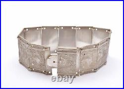 Chinese Export Solid Silver Dragons Phoenix Panel Link Bracelet Bangle Box Mk