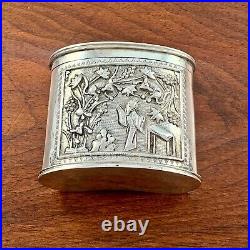 Chinese Export Solid Silver Snuff / Tea Caddy Box House Scene Animals In Trees