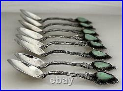 Chinese Export Sterling Silver Green Jade Spoon Set in Silk Box 88569