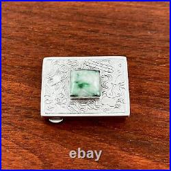 Chinese Export Sterling Silver Pill Box Hand Chased W / Jade No Monogram