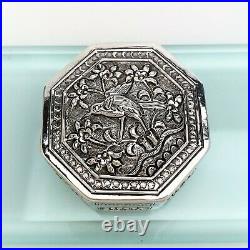 Chinese Export Sterling Silver Snuff/Pill Box with Bird & Tree Motif