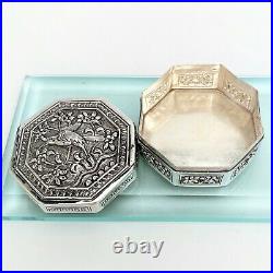 Chinese Export Sterling Silver Snuff/Pill Box with Bird & Tree Motif