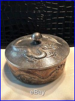 Chinese Export Wang Hing Sterling Silver Dragon Circular Box