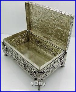 Chinese Export solid silver CASKET/BOX. FOO DOGS. ANTELOPES, BIRDS. SIGNED C1900