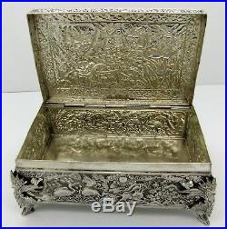 Chinese Export solid silver CASKET/BOX. FOO DOGS. ANTELOPES, BIRDS. SIGNED C1900
