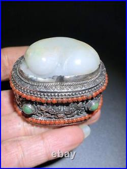 Chinese Exquisite Handmade Silver Inlaid Jadeite Jade Box